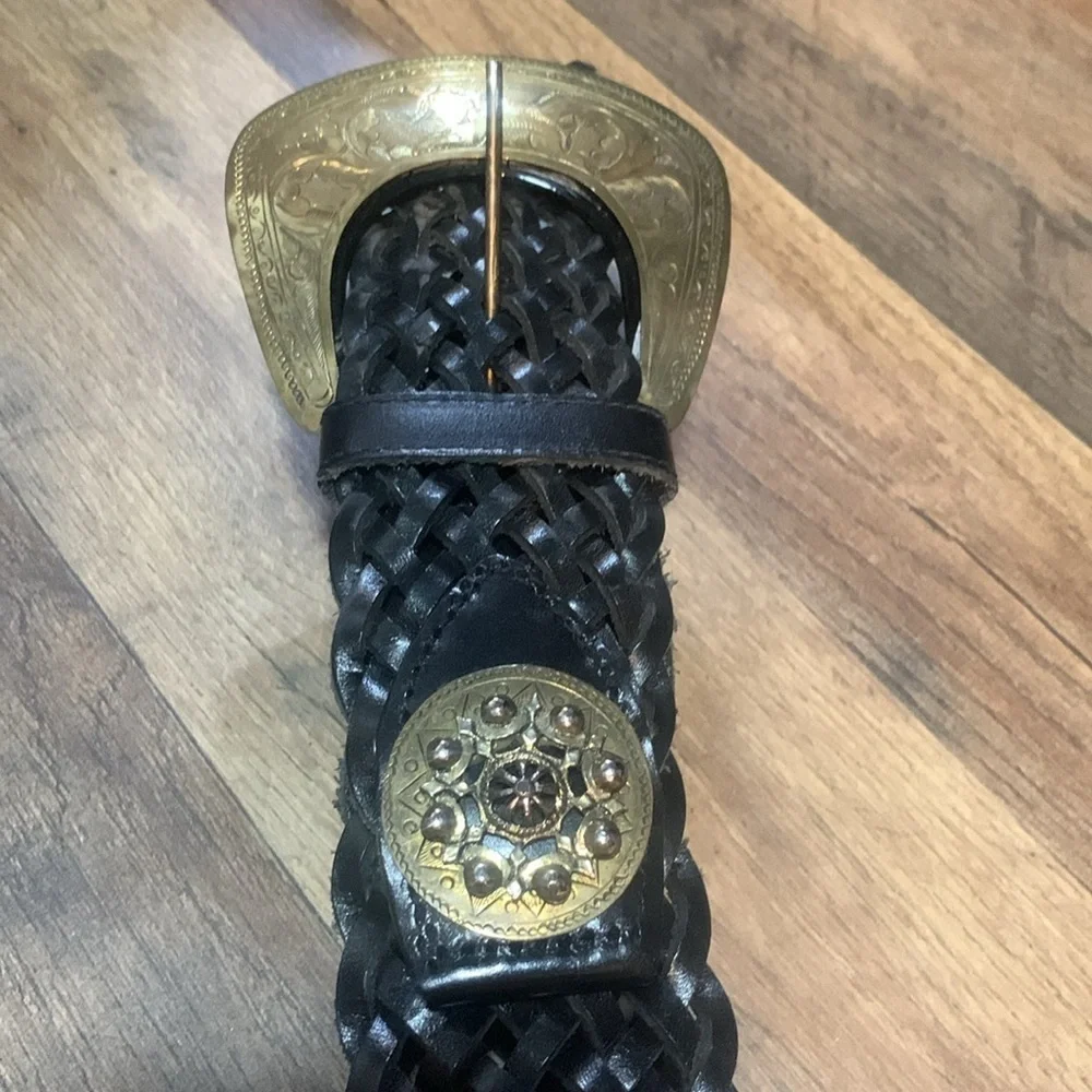 XS/SmallVintage Black Braided Leather Wide Belt With Ornate Carved Gold Buckle 0